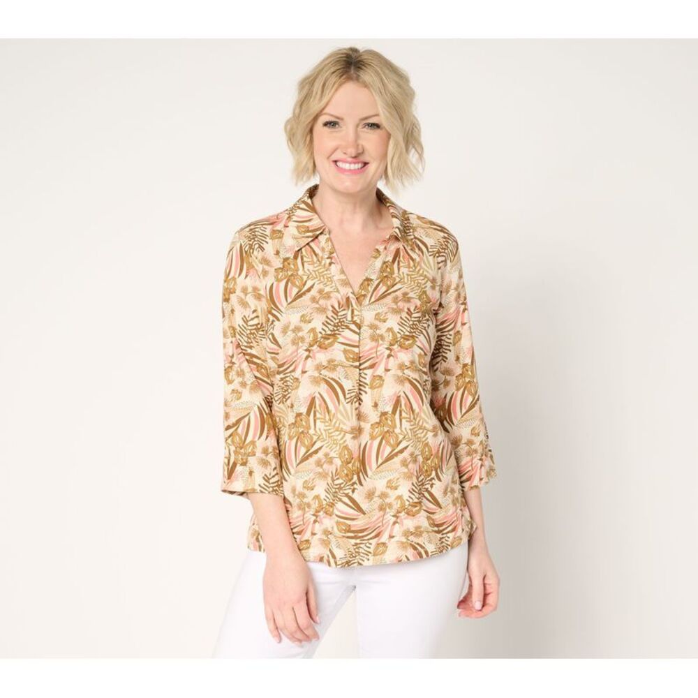 Top Knot Women's Sz L Denim & Co. Soft Linen Blend Print or Multi-colored
